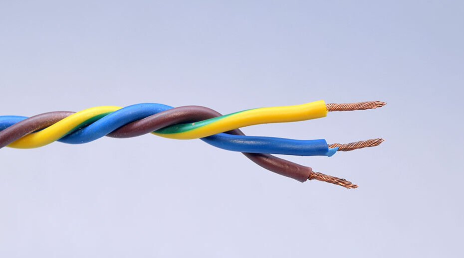 closeup of a electric cable on a white background.